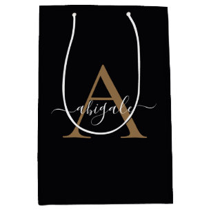 Mit Monogramm Gold Midnight Black Minimal Elegan Mittlere Geschenktüte