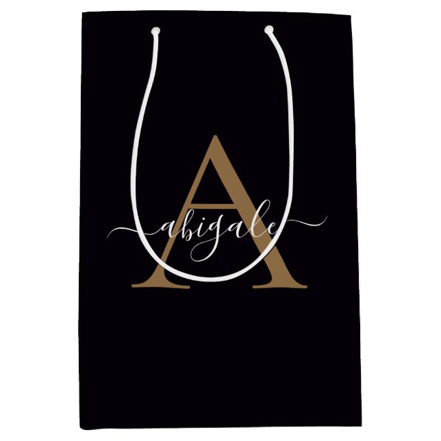 Mit Monogramm Gold Pitch Black | Minimal Elegant Mittlere Geschenktüte (Vorderseite)