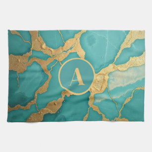 Mit Monogramm Gold und Aquamariner Luxe-Marmor Geschirrtuch