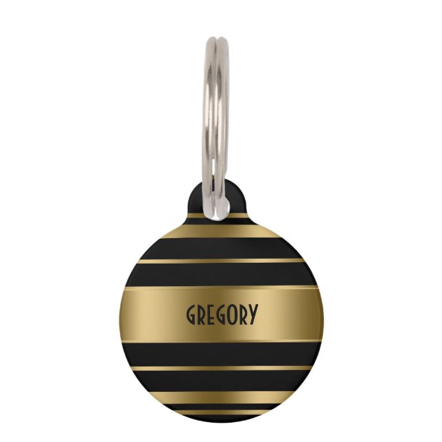 Mit Monogramm Gold- und Black Streifen-Muster Haustiermarke (Vorderseite)