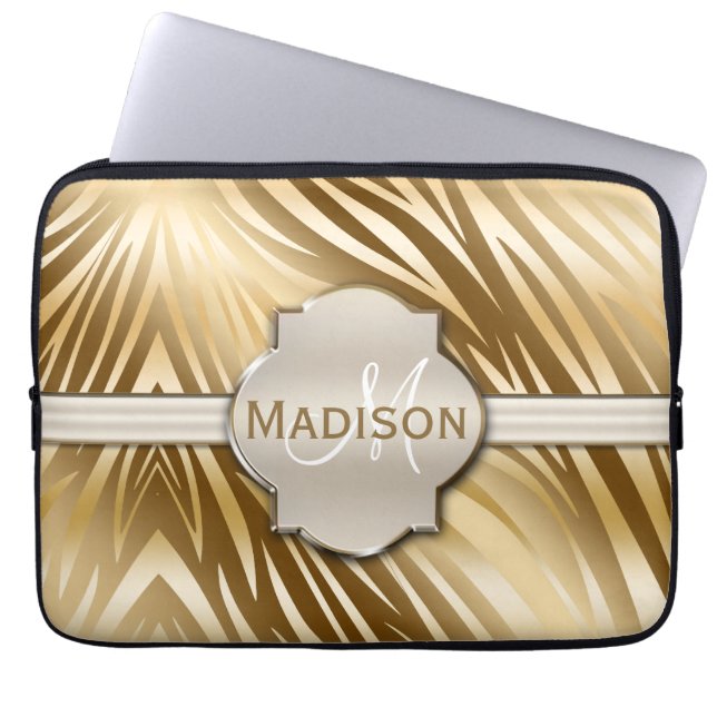 Mit Monogramm Gold Zebra-Druckmuster Laptopschutzhülle (Vorderseite)