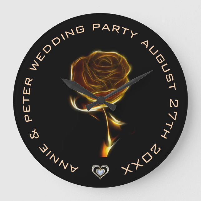 Mit Monogramm Goldene Flamme der Rose über Schwarz Große Wanduhr (Vorderseite)