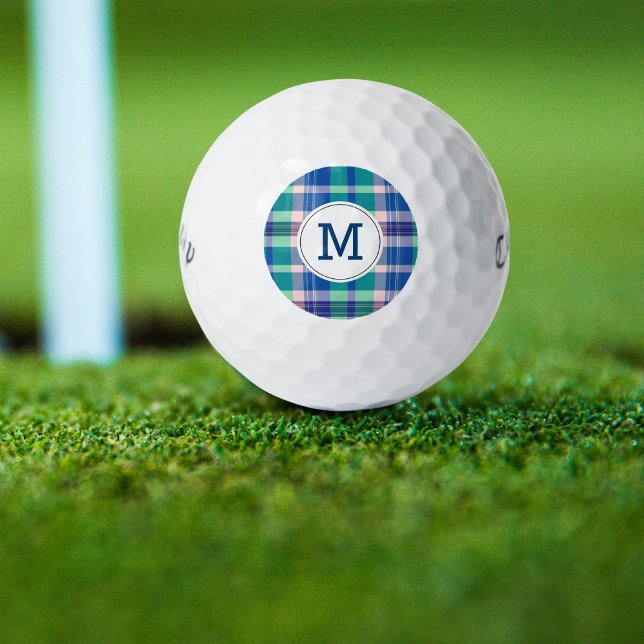 Mit Monogramm Golf Balls Preppy PInk Blue Kariert Golfball (Von Creator hochgeladen)