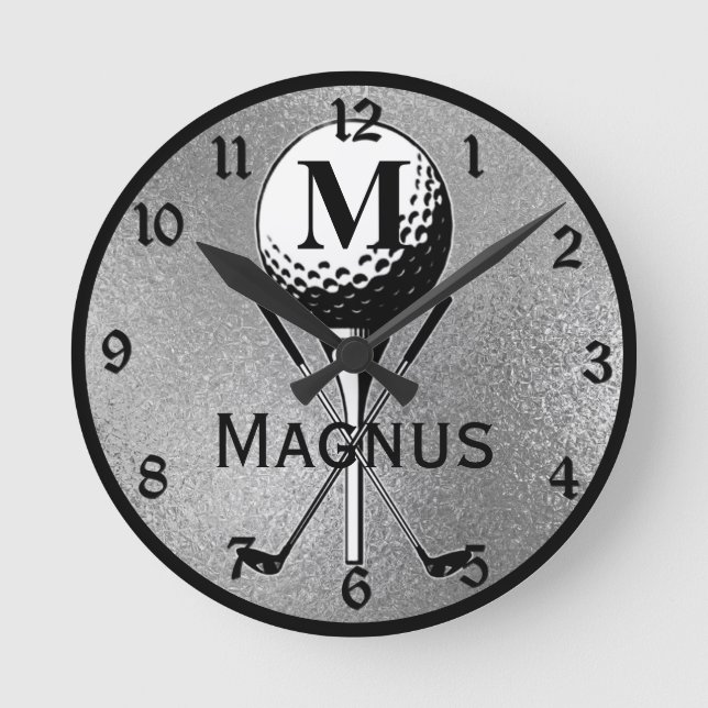 Mit Monogramm Golf T-Shirt Silver Runde Wanduhr (Vorderseite)