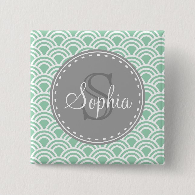Mit Monogramm-Grau-Minze-Moderne Muster Button (Vorderseite)