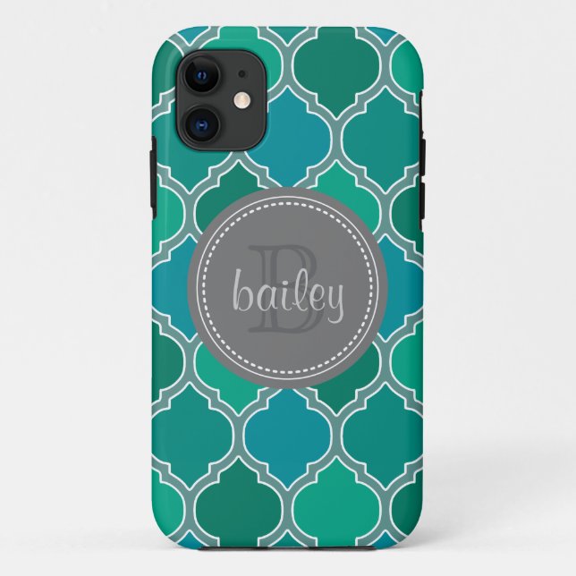Mit Monogramm-graues Aquamarines modernes Gittermu Case-Mate iPhone Hülle (Rückseite)