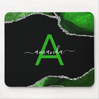 Mit Monogramm Green Agate mit Silver Glitzer Akzen Mousepad