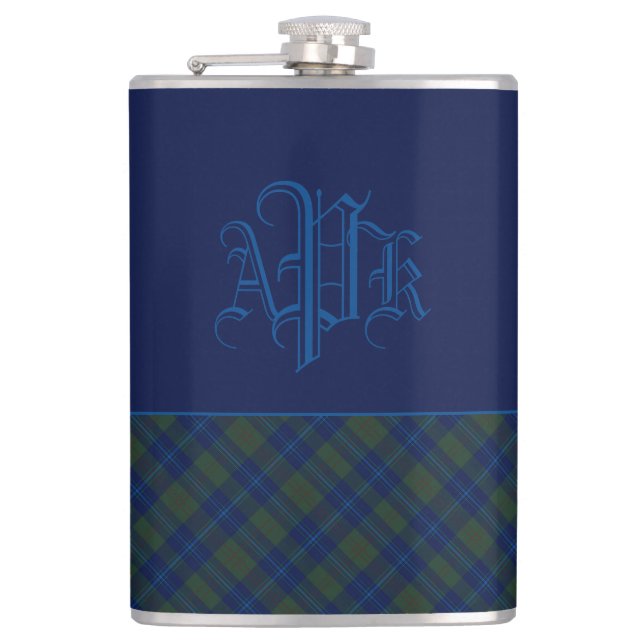 Mit Monogramm Green, Blue & Aqua Kariert Flachmann (Vorderseite)