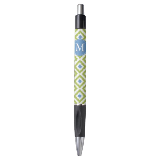 Mit Monogramm Green und Blue Diamonds Ikat-Muster Kugelschreiber (Vorderseite Vertikal)
