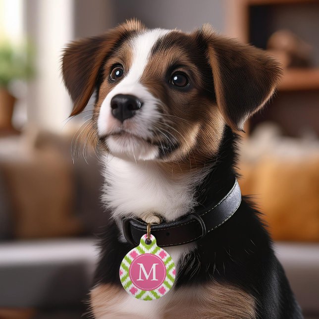 Mit Monogramm Green und Pink Ikat Diamonds-Muster Tiermarke (Von Creator hochgeladen)