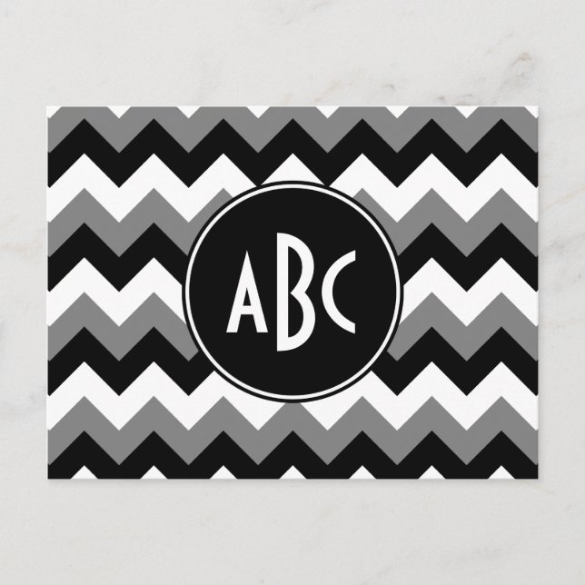 Mit Monogramm Grey Black und White Zigzag Postkarte (Vorderseite)