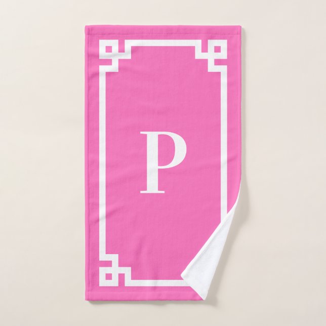Mit Monogramm griechische Schlüsselgrenze in Pink  Handtuch (Handtuch)