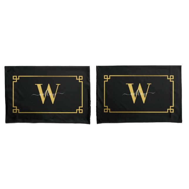 Mit Monogramm griechischer Key für Schwarz und Gol Kissenbezug (Vorderseite-Set)