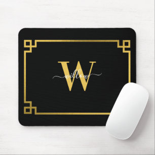 Mit Monogramm griechischer Key für Schwarz und Gol Mousepad