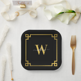 Mit Monogramm griechischer Key für Schwarz und Gol Pappteller