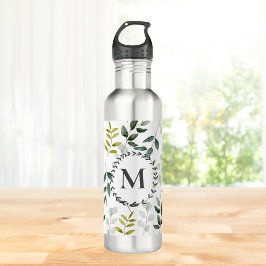 Mit Monogramm grüne Blätter Wasserfarbmuster Edelstahlflasche