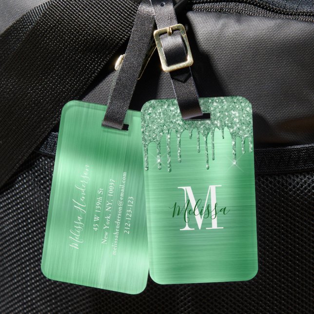 Mit Monogramm grüner Glitzer Brushed Metal Gepäckanhänger (Monogrammed Green Glitter Brushed Metal Luggage Tag)