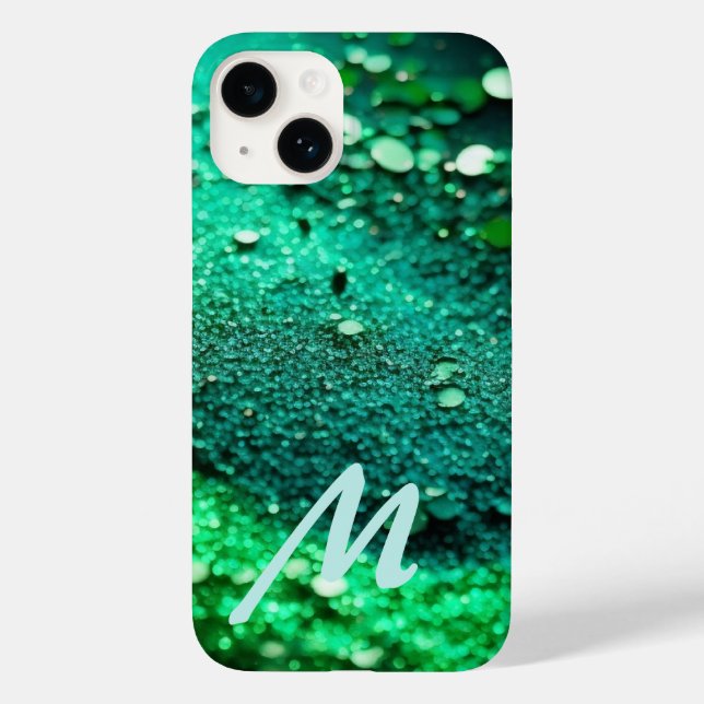 Mit Monogramm grüner Glitzer Case-Mate iPhone 14 Hülle (Rückseite)