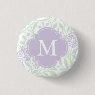 Mit Monogramm grüner Lavendel-Blumendamast-Muster Button