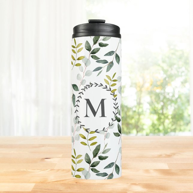 Mit Monogramm grünes tropisches Eukalyptus-Muster Thermosbecher (In situ)