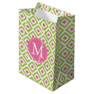 Mit Monogramm grünes und rosa Ikat Muster Mittlere Geschenktüte