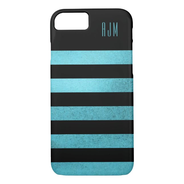 Mit Monogramm Grunge aquamarin Streifen Schwarzer  Case-Mate iPhone Hülle (Rückseite)