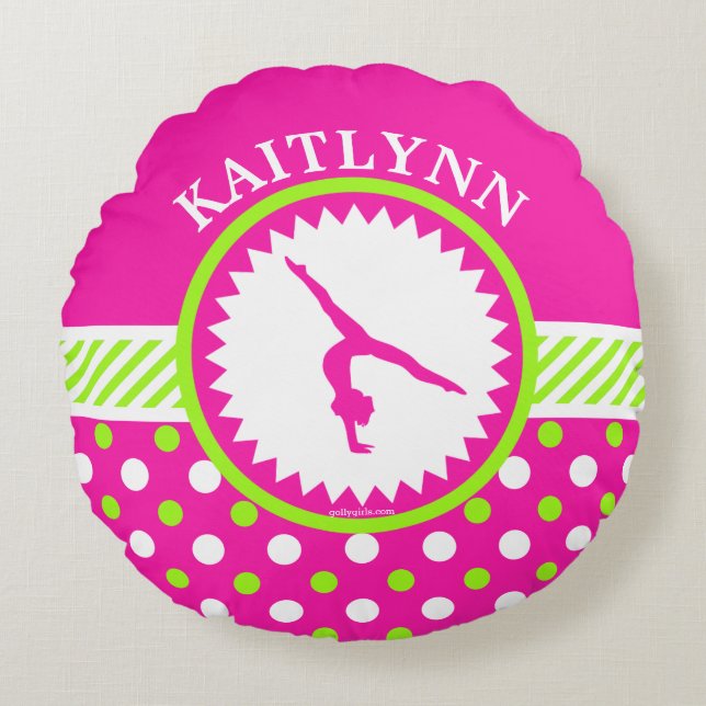 Mit Monogramm Gymnastik rosa und grüne Rundes Kissen (Vorderseite)