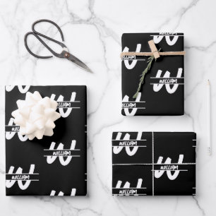 Mit Monogramm handgeschriebener Schwarz-Weiß-Name Geschenkpapier Set