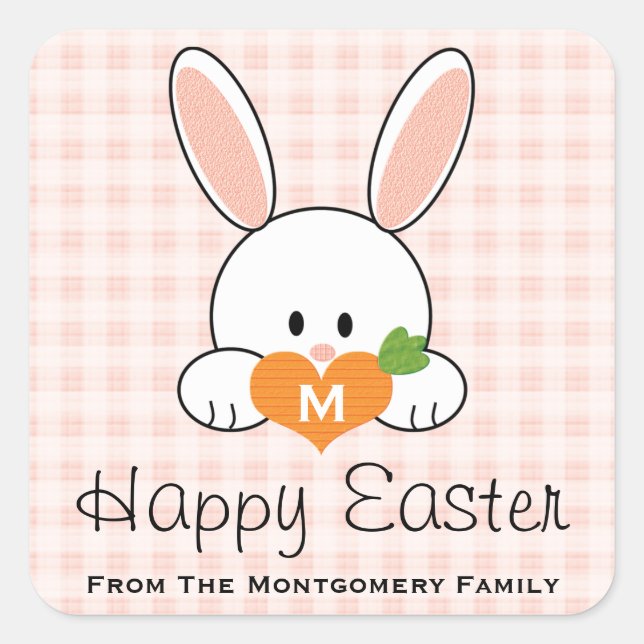 Mit Monogramm Happy Easter Bunny Siegels Pink Ging Quadratischer Aufkleber (Vorderseite)