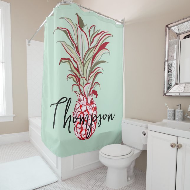 Mit Monogramm heller Hintergrund niedlicher Ananas Duschvorhang (Beispiel)