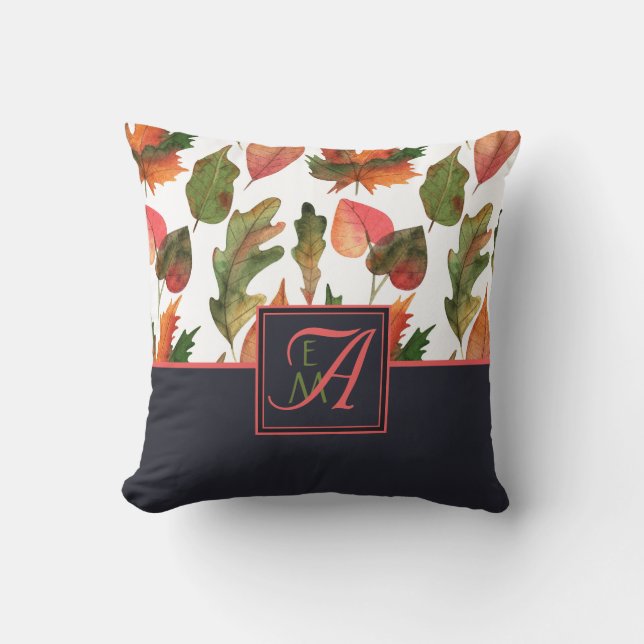 Mit Monogramm Herbstbelästigung Blauer Orangenfall Kissen (Vorderseite)