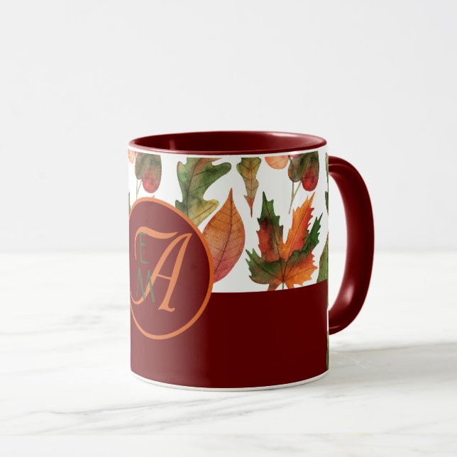 Mit Monogramm Herbstlaub Burgund Herbstdekor Tasse (VorderseiteRechts)
