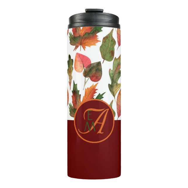 Mit Monogramm Herbstlaub Burgund Herbstdekor Thermosbecher (Vorderseite)