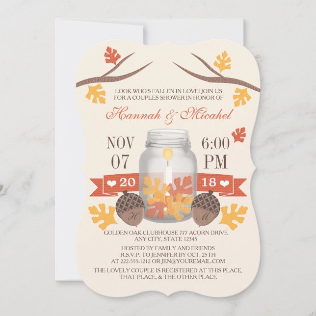 Mit Monogramm Herbstlaub Mason Jar Paare Dusche Einladung (Vorderseite)
