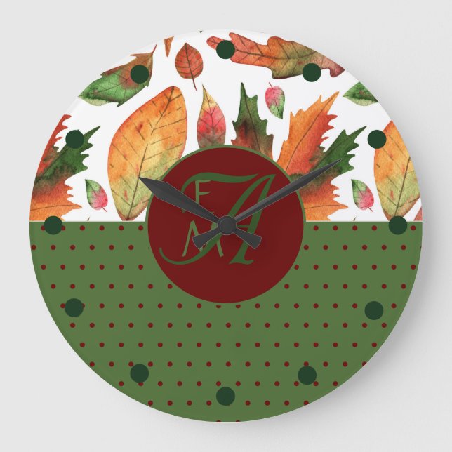 Mit Monogramm Herbstlaub Rote Dekoration im Herbst Große Wanduhr (Vorderseite)