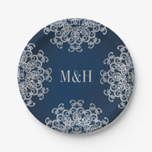Mit Monogramm Hochzeit der Navy und Silver Indian  Pappteller