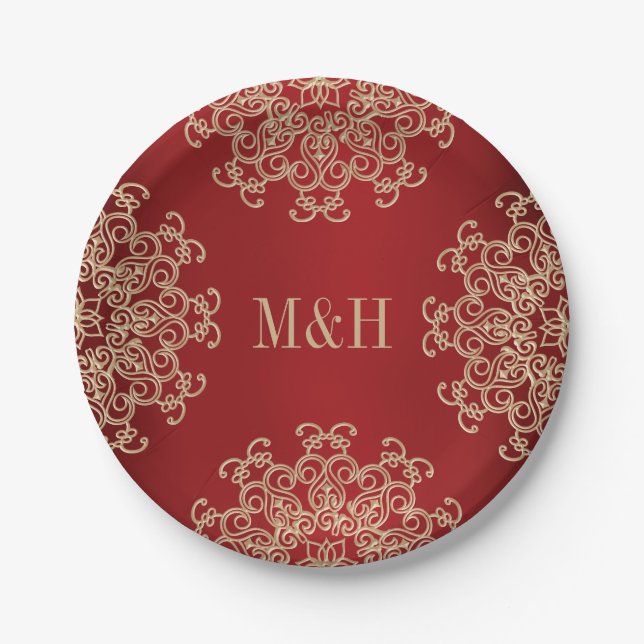 Mit Monogramm Hochzeit im indischen Rot-Gold-Stil Pappteller (Vorderseite)