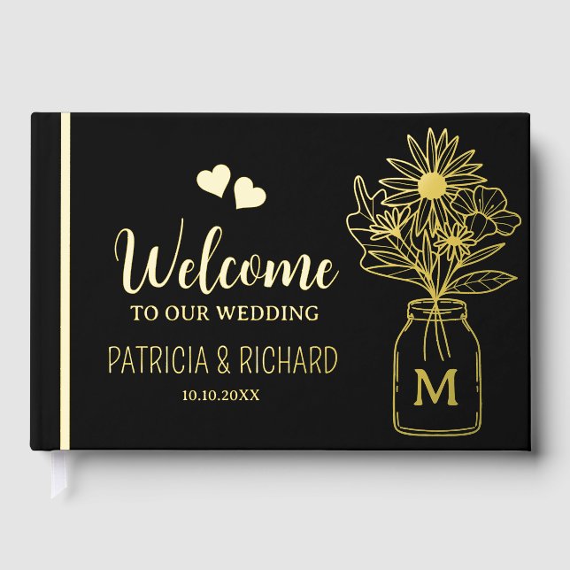 Mit Monogramm Hochzeit in Schwarz und Gold Gästebuch (Vorderseite)