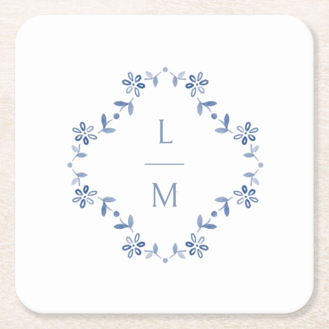 Mit Monogramm Hochzeit mit Blumen und Weiß Rechteckiger Pappuntersetzer (Vorderseite)