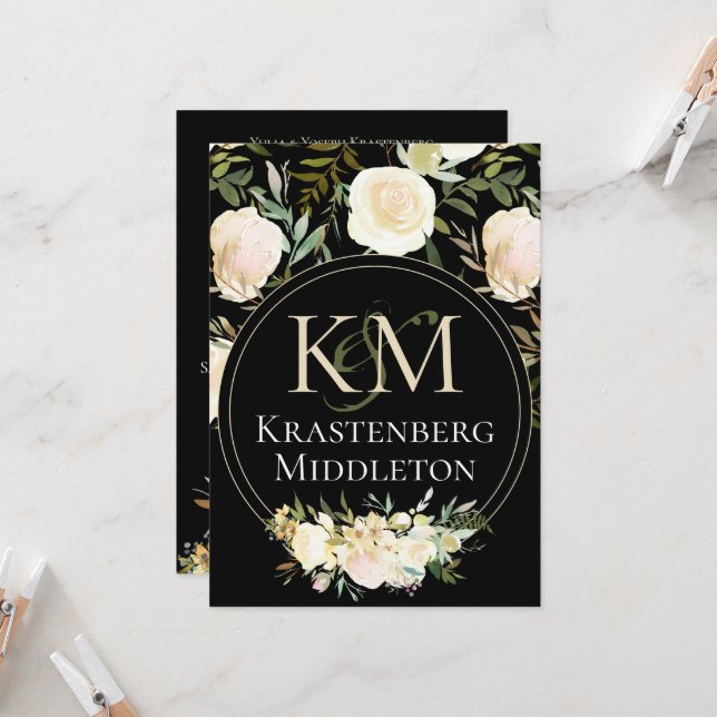 Mit Monogramm Hochzeit mit eleganten White Rose Einladung (Vorderseite/Rückseite Beispiel)