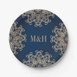 Mit Monogramm Hochzeit von Marine und Gold im indi Pappteller