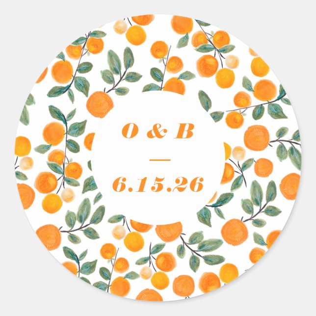 Mit Monogramm Hochzeit von Orangenzitrus Runder Aufkleber (Vorderseite)