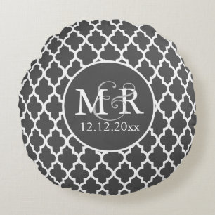 Mit Monogramm Hochzeit von Quartieren, grau und we Rundes Kissen