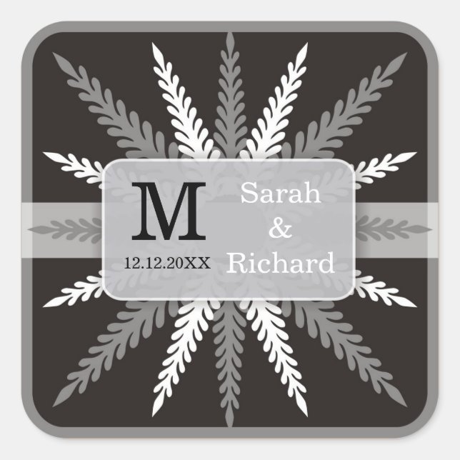Mit Monogramm Hochzeitskleber auf schwarz Quadratischer Aufkleber (Vorderseite)