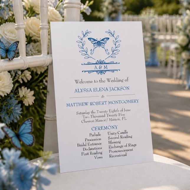 Mit Monogramm Hochzeitsprogramm für Blauschmetterl Einladung (Von Creator hochgeladen)