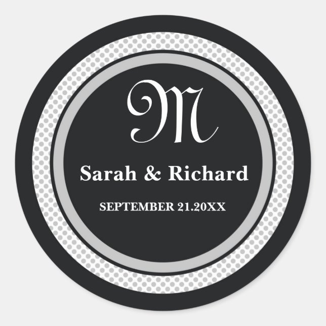 Mit Monogramm Hochzeitsticker: Schwarze Polka-Punk Runder Aufkleber (Vorderseite)
