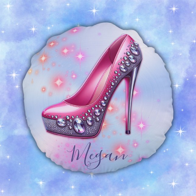 Mit Monogramm hohe Ferse im Glitzer Rosa am Blau | Rundes Kissen (Von Creator hochgeladen)