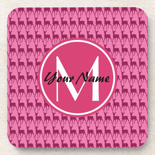 Mit Monogramm Hot-Pink-Hirsch, Personalisierter Na Untersetzer (Vorderseite)