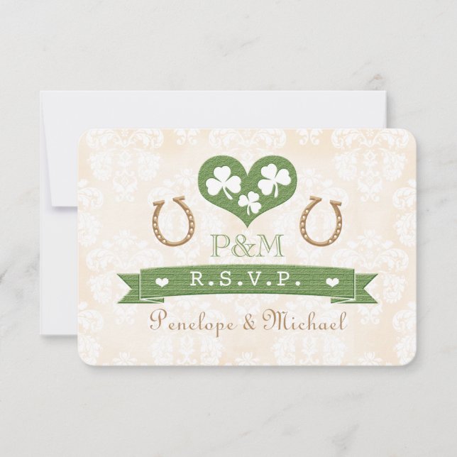 Mit Monogramm Hufeisen-Kleeblatt-Antwortkarte UAWG RSVP Karte (Vorderseite)