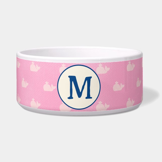 Mit Monogramm Hundekasten mit rosa und weißem Wal Napf (Vorderseite)